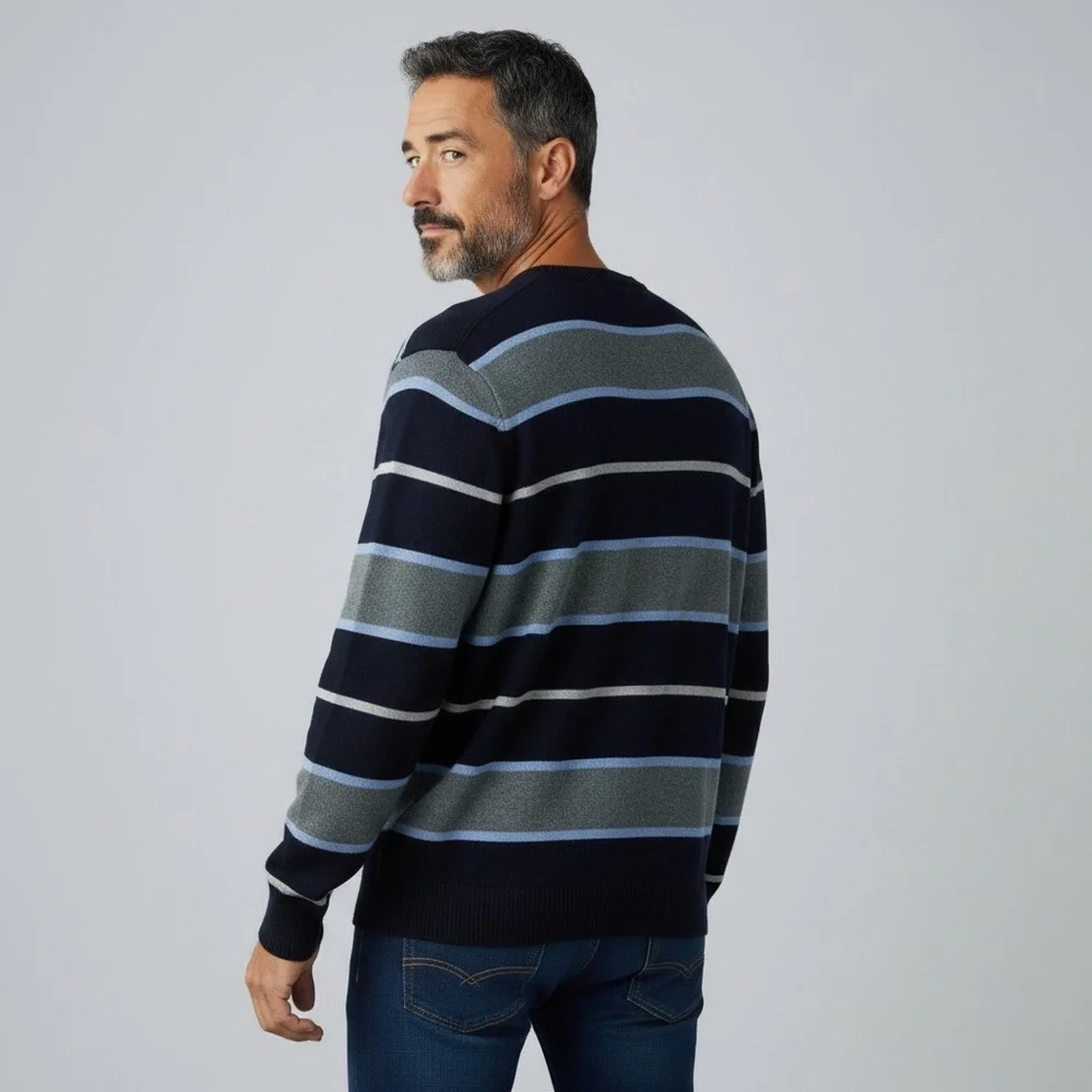 Tricots St Raphael V-Neck Cotton Long Sleeve Striped Sweater 3X Navy Quality